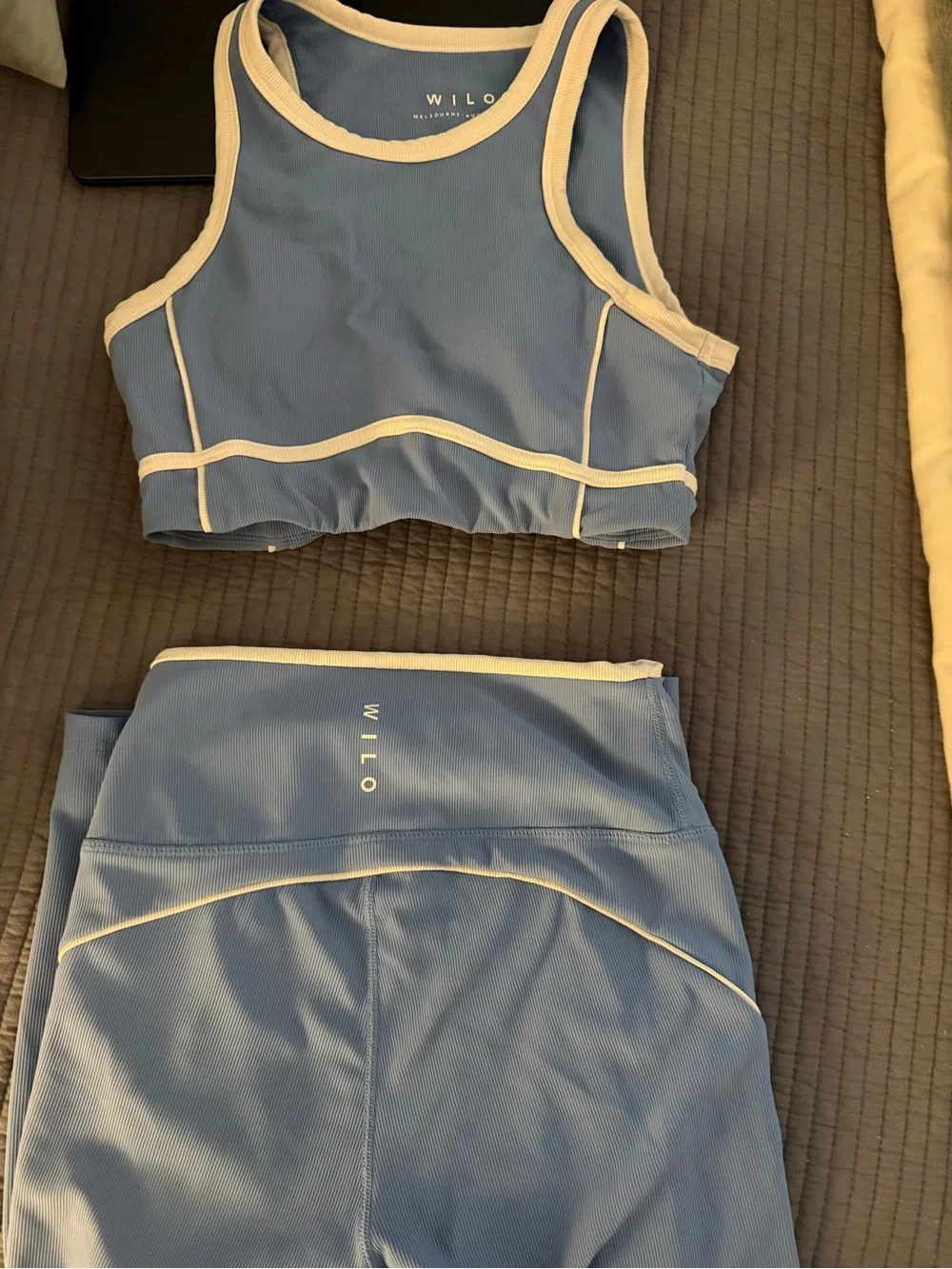 WILO Women's Blue Tank Sports Bra - Light Blue with Cream Trim - Picture 3 of 3